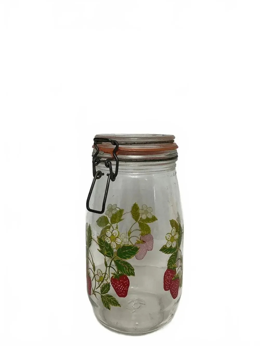 Vintage ARC France 1.5L Strawberry Glass Clamp Lid Storage Jar Kitchen Canister